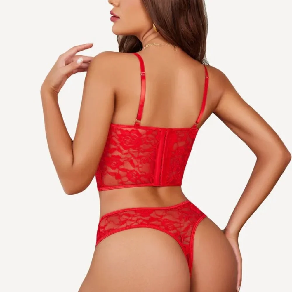 Red 2 Piece Lace Push Up Bra and Panty Sets, S - Picture 2 of 4
